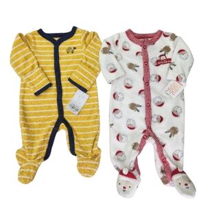 Nwt Carter's My First Christmas & Yellow Striped Footies Set NB